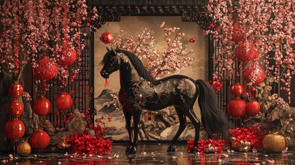 Create a vibrant scene for Chinese New Year featuring the Shio Horse, depicted in a lively, dynamic pose amidst traditional decorations like red lanterns and plum blossoms