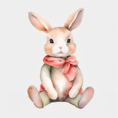 Watercolor illustration of cute baby rabbit with soft strokes and pastel colors isolated on white background.