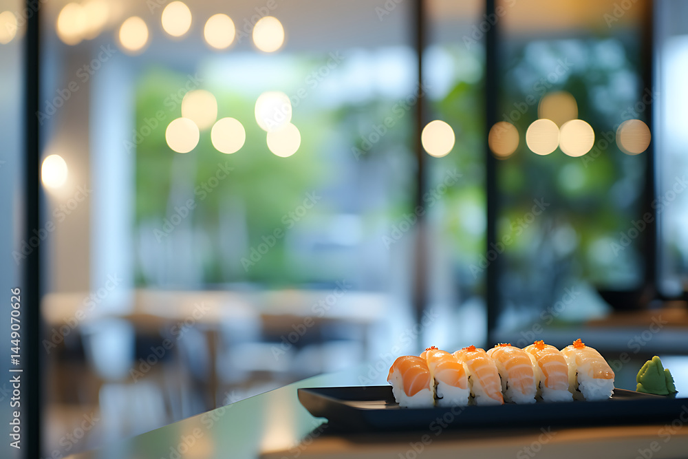 Poster blurred background of a modern office interior with a glass door and soft lighting, creating an abst