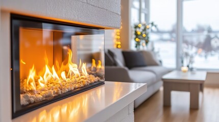 Modern fireplace in a cozy living room setting.