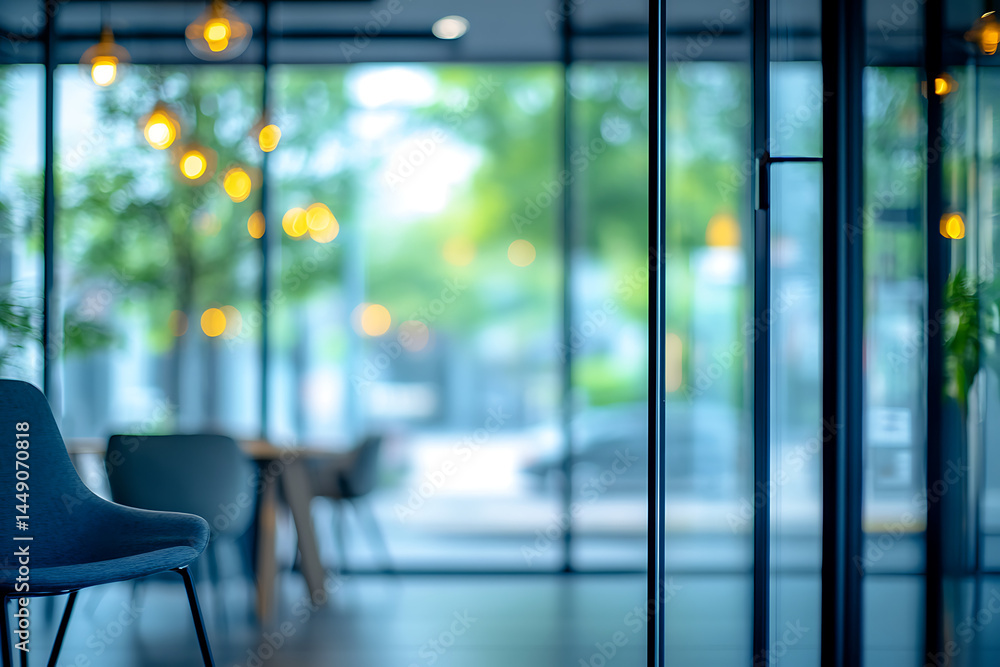 Poster blurred background of a modern office interior with a glass door and panoramic window, creating an a