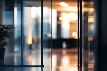 Blurred background of a modern office interior with a blurred glass door in the foreground. Abstract blurry light and shadow, bokeh effect. Background for design.