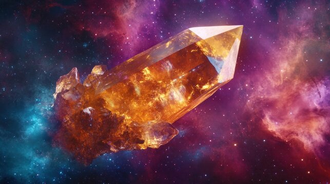 A stunning crystal formation emanates radiant shades of orange and gold, set against a vibrant cosmic backdrop of purple, blue, and pink hues. The crystal's facets reflect light in a captivating displ - Powered by Adobe