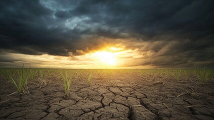 A barren landscape featuring dry, cracked soil interspersed with sparse green grass blades, set against a dramatic sky filled with dark clouds and a radiant sun breaking through on the horizon, creati