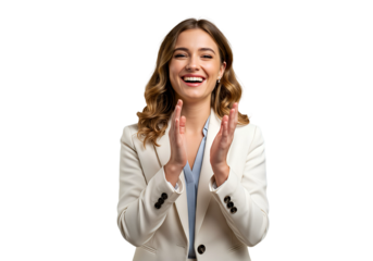 A businesswoman clapping, celebrating a team’s success, isolated