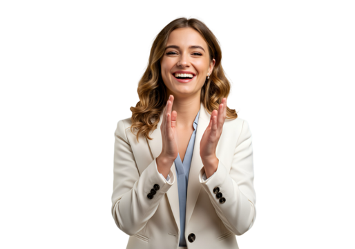 A businesswoman clapping, celebrating a team’s success, isolated