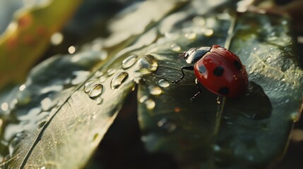 A close-up view of a vibrant red ladybug perched on a green leaf, adorned with glistening water droplets after rainfall. The background is softly blurred, emphasizing the vivid details of the ladybug 