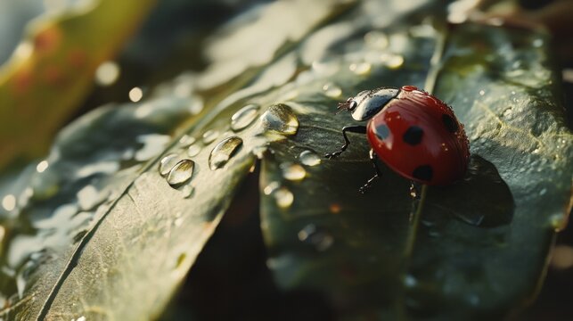 A close-up view of a vibrant red ladybug perched on a green leaf, adorned with glistening water droplets after rainfall. The background is softly blurred, emphasizing the vivid details of the ladybug 