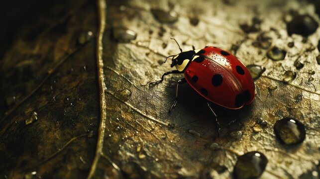 A close-up view of a vibrant red ladybug with distinct black spots resting on a textured, wet leaf. The background is blurred, enhancing the sharpness of the ladybug and droplets of water clinging to  - Powered by Adobe