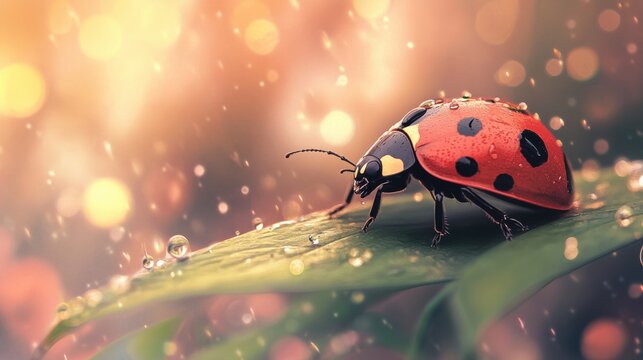 A vivid macro shot of a ladybug perched on a green leaf, adorned with droplets of water, against a soft-focus background that features warm bokeh lights. The ladybug displays bright red wings with dis