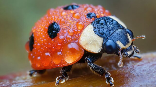 Close-up macro image of a vibrant red ladybug adorned with glistening water droplets, showcasing its distinct black spots and glistening body, perched on a textured surface, with a softly blurred natu