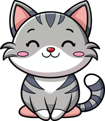 Playful Chibi Style Cartoon Cat with Happy Expression and Pink Ears.