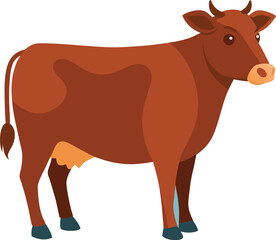 Realistic Brown Cow Illustration Standing Pose with Horns and Udder.