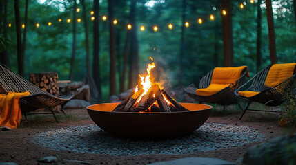 Obraz premium Cozy campfire in a forest setting with comfy chairs