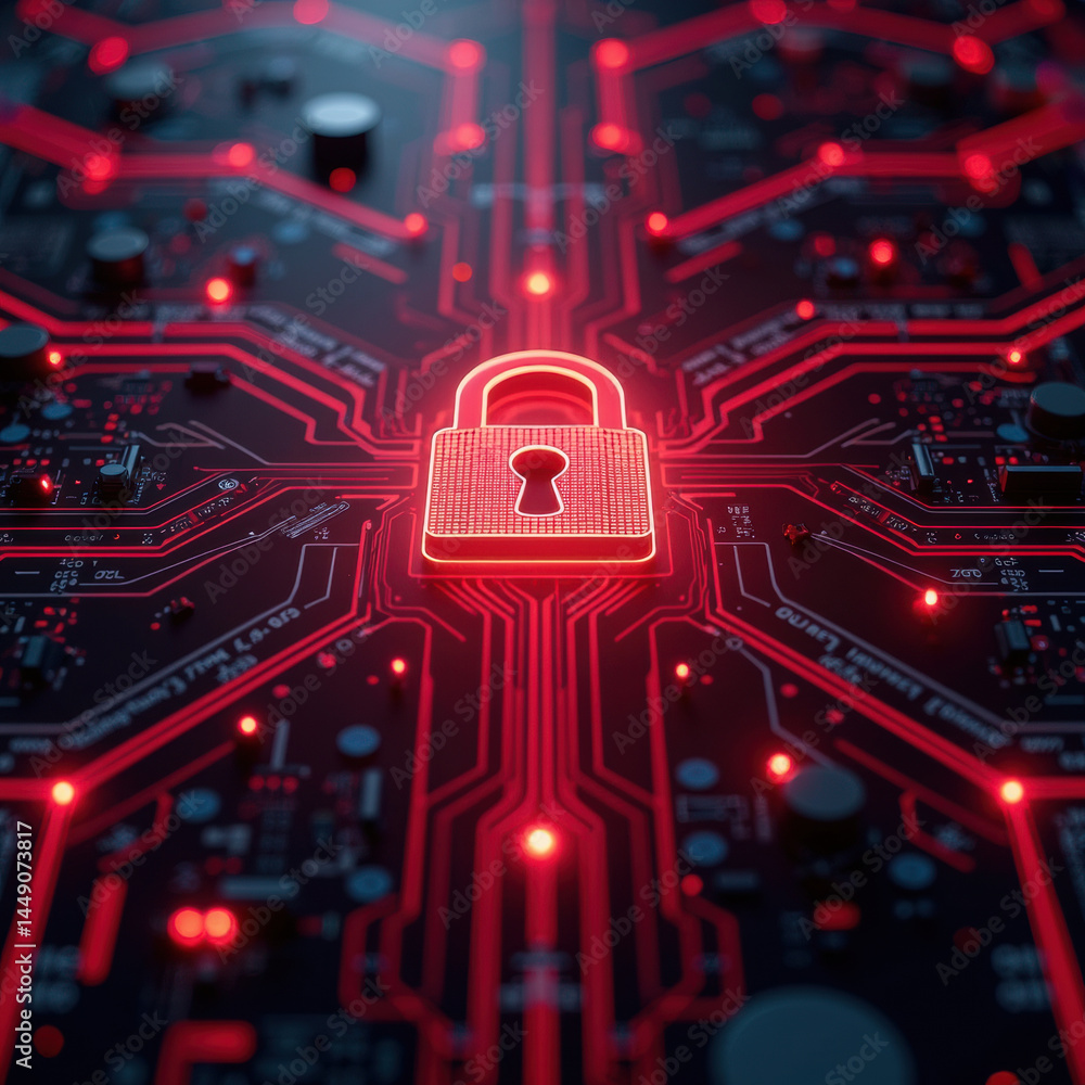 Poster digital lock symbol is prominently displayed on circuit board background, illuminated in red, symbol