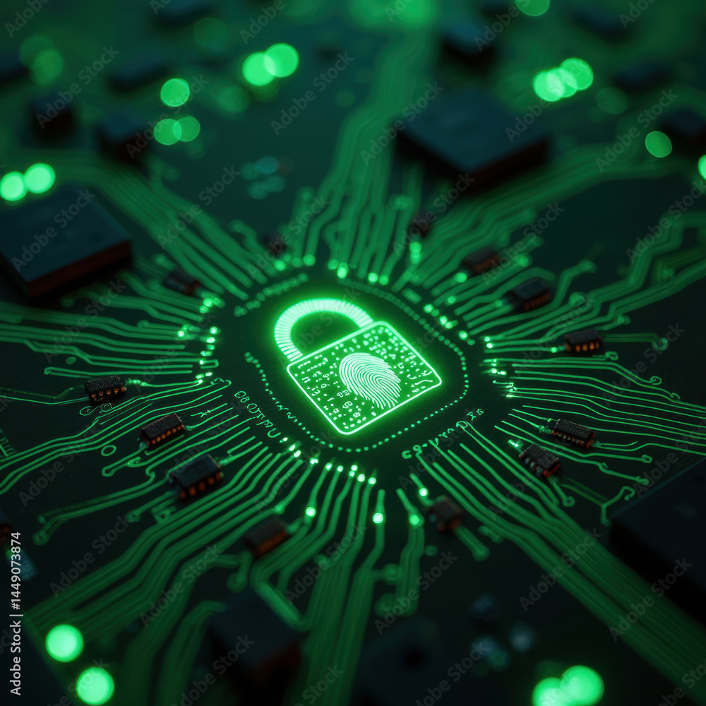 Poster digital circuit board with glowing green padlock symbol its center, representing cybersecurity and d