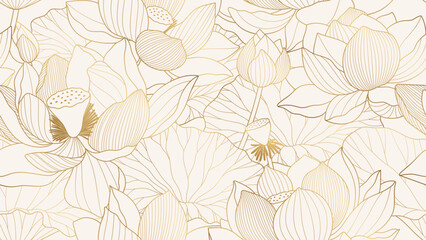 Chinese seamless pattern with lotuses. Gold line drawing of lotus flowers and leaves on a light background. Minimalist oriental vector design, perfect for luxury prints, patterns, or backgrounds.