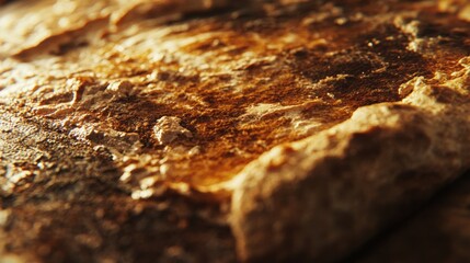 A close-up view of a textured, golden-brown surface resembling cooked bread or a flatbread item, featuring crispy edges and subtle details of the crust, illuminated by warm lighting that enhances its 