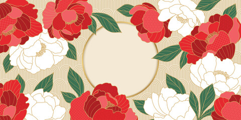 Chinese luxury poster with oriental peony flowers, leaves and circle frame. Asian vector background of gold lines art texture. Design illustration for wallpaper, card, poster, packaging, advertising