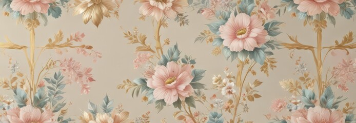 Pastel floral vintage wallpaper, gold accents, flowers, paper, floral