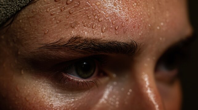Close-up of a glistening forehead with beads of sweat, showcasing fine skin texture and focused eye detail. The mood conveys intensity and effort, highlighting natural beauty and resilience.