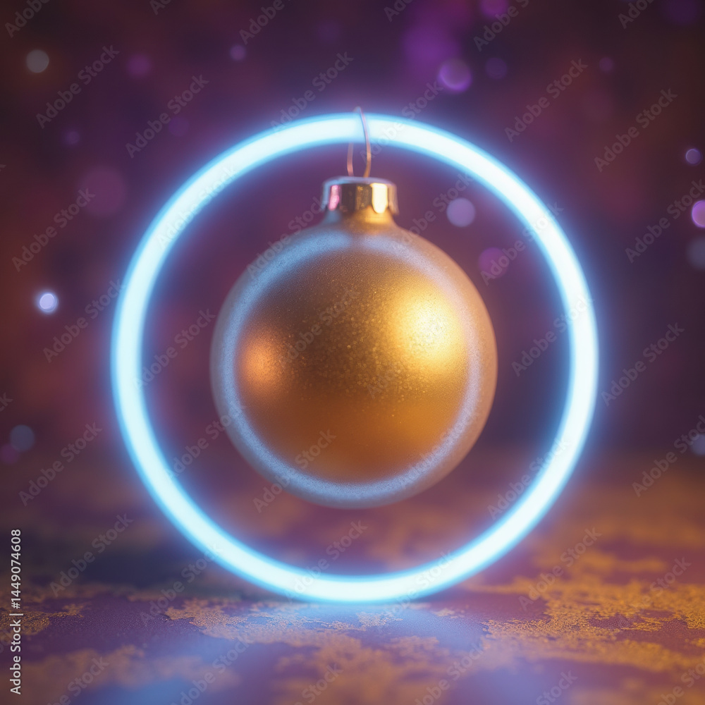 Poster golden ornament hangs within glowing blue circle, creating festive and magical atmosphere. backgroun