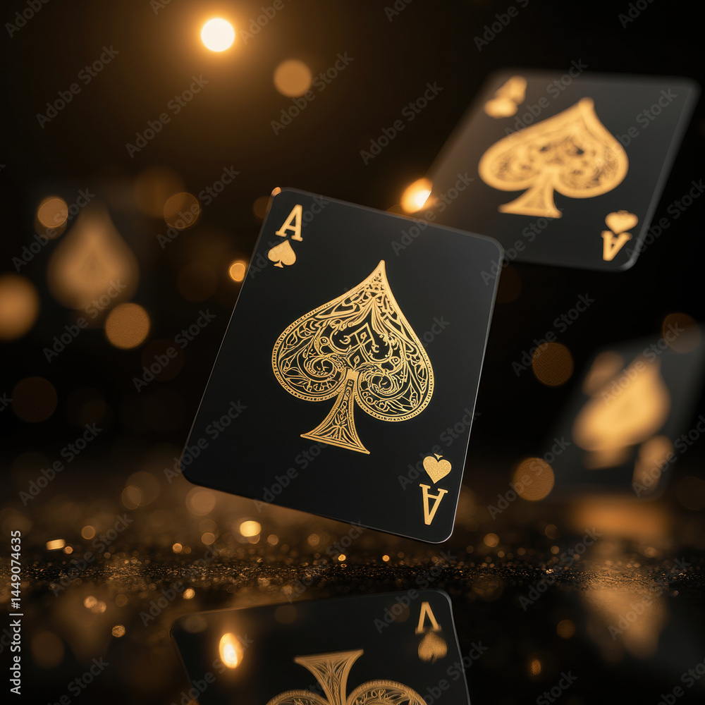 Poster floating ace of spades playing card with intricate gold detailing, surrounded by soft bokeh backgrou