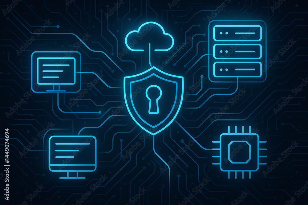 Poster a modern digital illustration featuring a shield symbolizing cybersecurity, surrounded by computer s