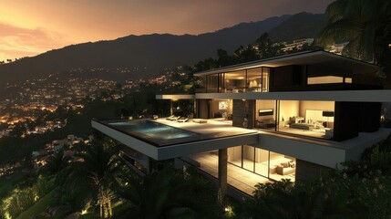 Fototapeta premium Modern luxury home overlooking a city at dusk.
