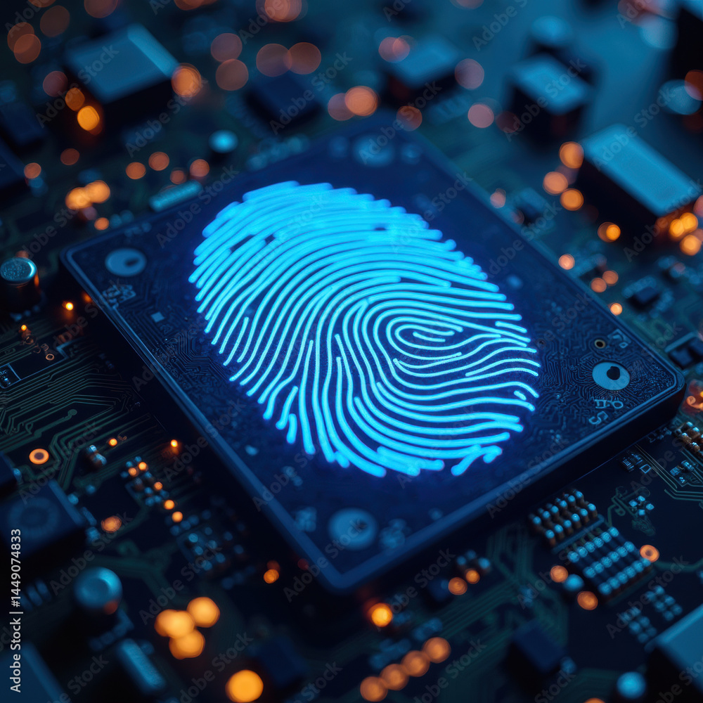 Poster digital fingerprint design on circuit board, symbolizing technology and security. blue glow contrast