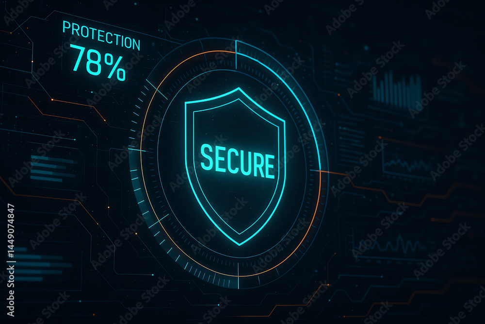 Poster a futuristic digital security graphic featuring a shield symbol with the word 'secure' and a percent