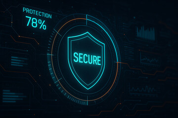 A futuristic digital security graphic featuring a shield symbol with the word 'SECURE' and a percentage to represent protection levels, perfect for tech-related themes.