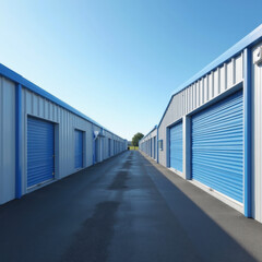 Storage units blue doors metal buildings clear sky asphalt path outdoor storage organized space commercial property facility storage facility