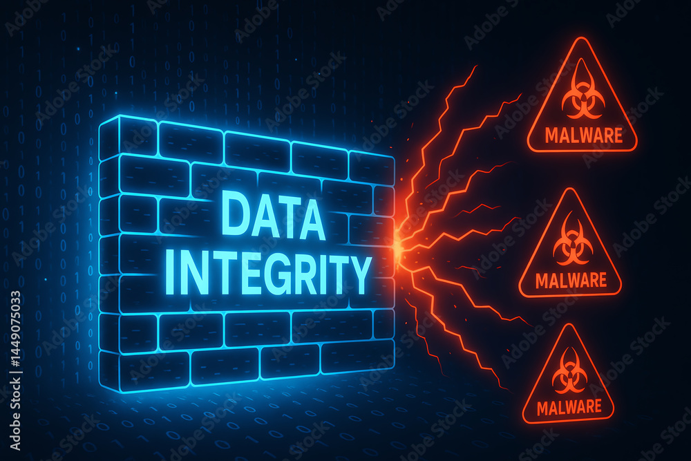 Poster a dynamic concept illustration of data integrity, showcasing a glowing firewall protecting against m