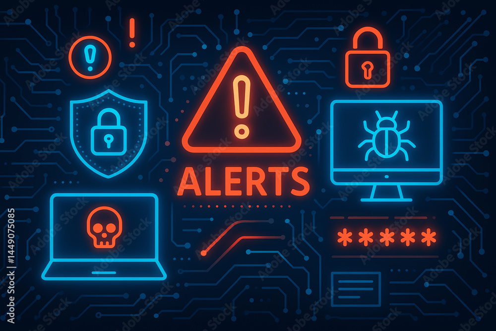Poster this digital artwork illustrates various cybersecurity alerts including warnings and threats represe