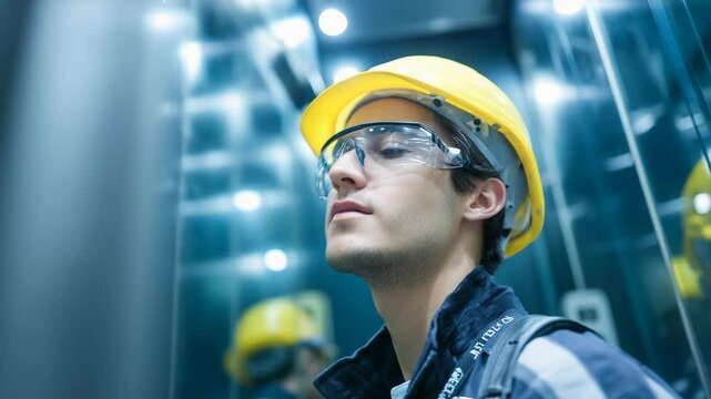 Man in yellow safety helmet and clear goggles rides in a building elevator looking up.