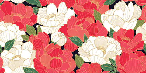Chinese luxury seamless pattern with oriental peony flowers and leaves. Asian vector background of gold lines art texture. Design illustration for wallpaper, card, poster, packaging, advertising © Valedi 