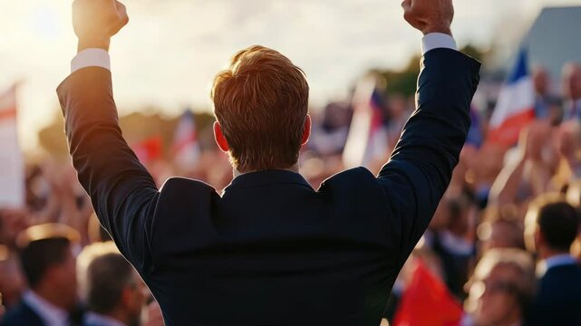 Enthusiastic Supporter Raises Hands in Celebration at Political Rally