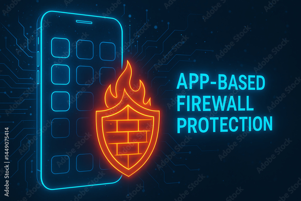 Poster digital illustration showcasing app-based firewall protection with a smartphone and a shield, symbol