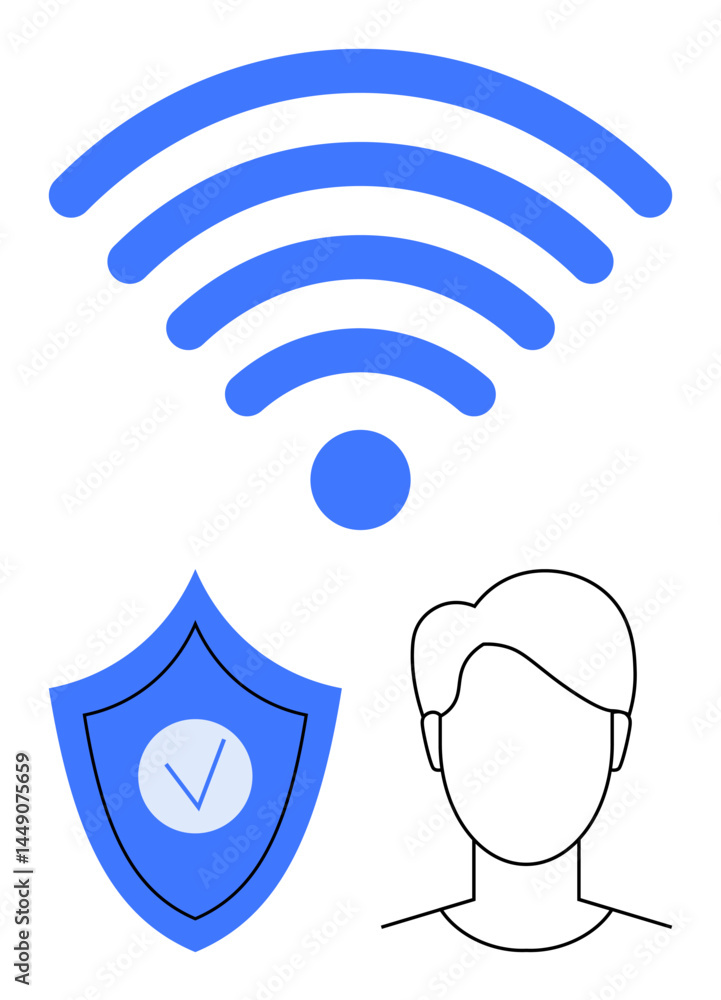 Poster wireless signal, shield with checkmark representing security, and user profile icon. ideal for cyber