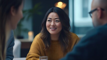 Latina girl sitting around a table at an informal work meeting.