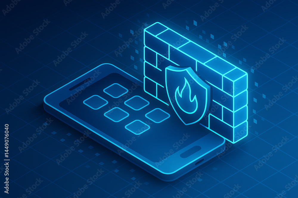 Poster a modern smartphone with a digital firewall symbol, representing security and protection against cyb