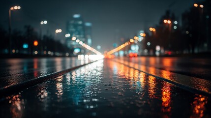 Fototapeta premium Urban nocturnal landscape with light reflecting on wet pavement after rain