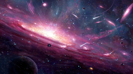 A breathtaking cosmic scene depicting a vibrant galaxy bursting with colors and energy, featuring swirling pink and purple nebulae, numerous stars, and distant planets. The vivid display of celestial 