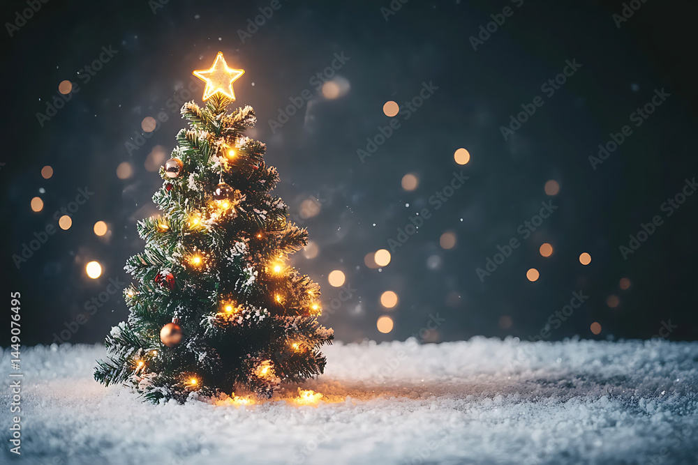 Poster blurred christmas tree with lights on a dark background. shallow depth of field. bokeh effect. chris