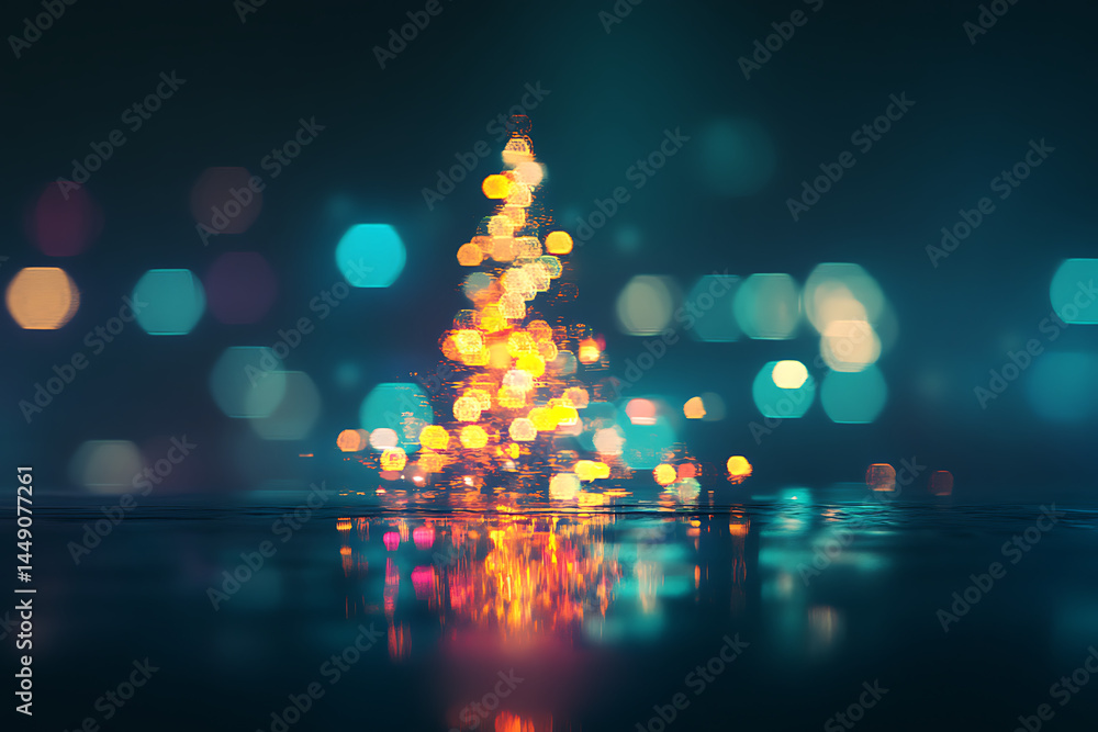 Poster blurred christmas tree with colorful lights on a dark background. bokeh effect. shallow depth of fie