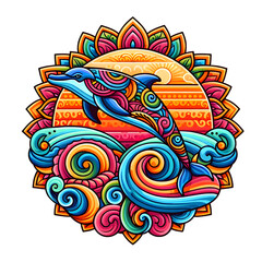 Mandala design. A colorful dolphin is swimming in a sea of swirls and waves.