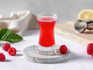 Ruby red shot glass, vibrant drink, raspberries, lemon