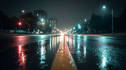 Urban luminescence: A mesmerizing night scene of a rain-slicked street