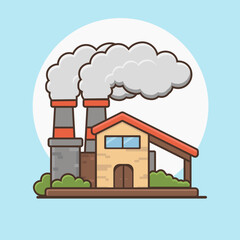 Vector illustration of a traditional factory with classic red brick buildings and tall smokestacks emitting smoke. Perfect for educational materials, infographics, and environmental awareness